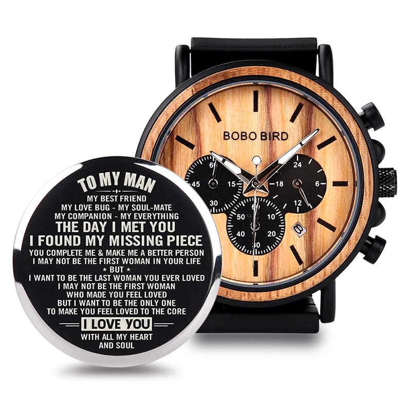 BOBO BIRD Engraved Wood Watch Personalized Customize Men Wristwatches Wood & Stainless Steel Band Father's Gift Anniversary Gift