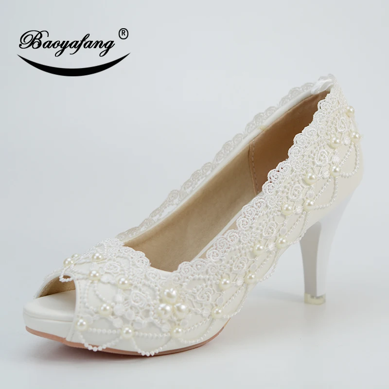 

BaoYaFang Women's Summer Shoes Woman 8cm Thin heel Peep Toe Wedding shoes Bride Open Toe Ladies White Lace Pumps party shoes