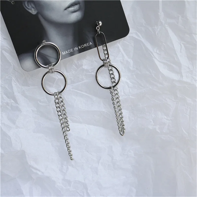 

Simple Punk Pin Shaped Chain Tassel Drop Earrings for Man Women Personality Asymmetric Round Chain Female Pendant Earrings
