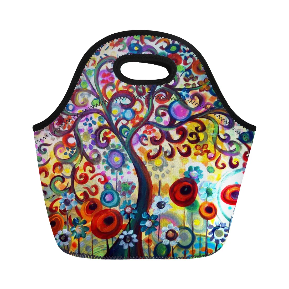 

Customized Soft Neoprene Lunch Bag Thermal Insulated Handbags Tree Oil Prints Food Totes Waterproof Cooler Portable Pouch