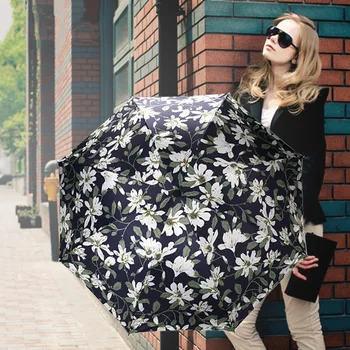 

Women Non-automatic Three-folding umbrella for rain and sun print folding black Coating anti-UV parasol windproof best price