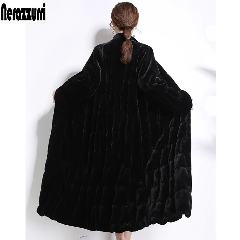 Goedkoop Nerazzurri Runway faux fur jassen 2019 vrouwen winter lange nep bont zwarte Geplooide plus size geschoren mink fur overjas 5xl 6xl 7xl