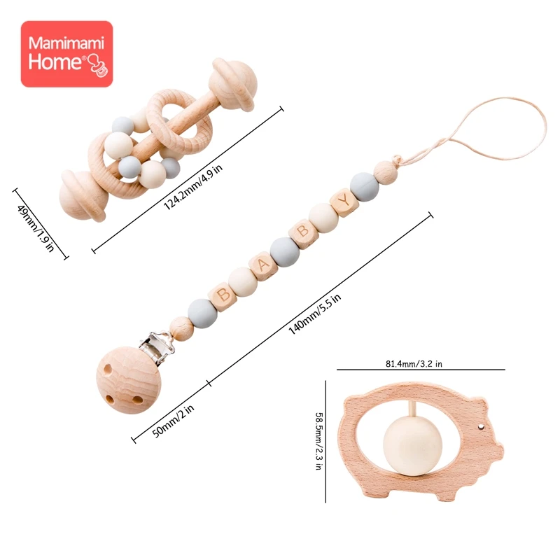 Pig Mamihome 3 шт./компл. детские деревянные прорезыватель, Детское Зубное кольцо, зажим-цепочка погремушка игрушечная еда класс Перл силиконовые бусины Деревянный грызун зажим для пустышки - Цвет: Pig