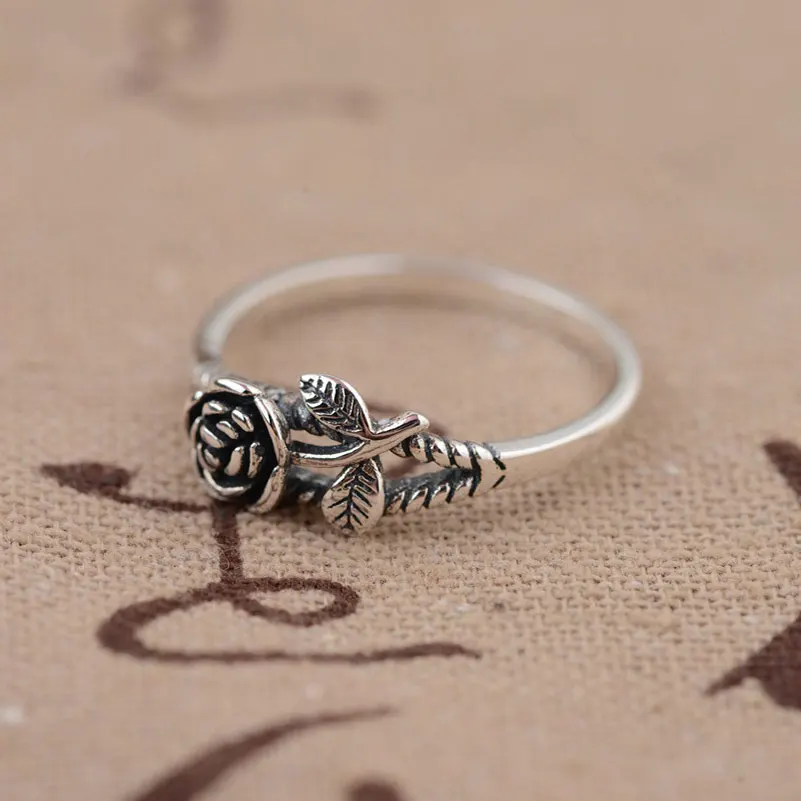 925 Silver Rose Flower Rings for Men Women Jewelry 100% Real S925 Sterling Thai Silver Ring Size 5.5-8