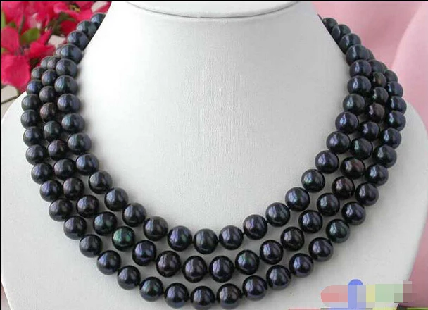 

HOT## Wholesale 3ROW 11MM BLACK ROUND FW PEARL NECKLACE SILVER MABE p1264