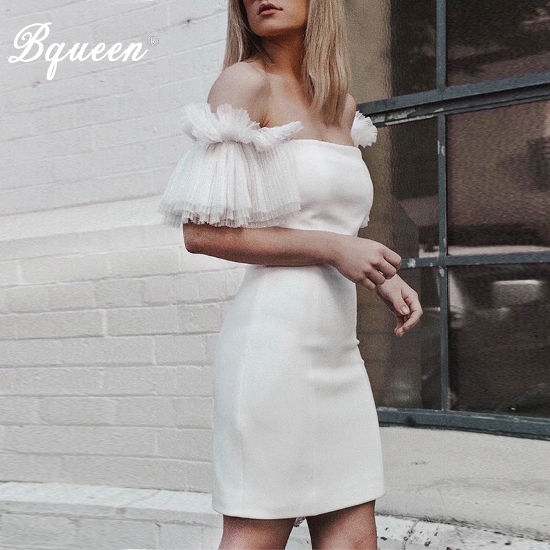 

Bqueen 2019 Elegant Bandage Women Dress Short Puff Sleeve Slash Neck Bodycon Solid Sheath Lace Mini Fashion Sexy Vestidos