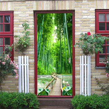 

3D Door Sticker Bamboo Forest Bridge Wallpaper Living Room Bedroom Home Decor Paste PVC Self-Adhesive Waterproof 3D Mural