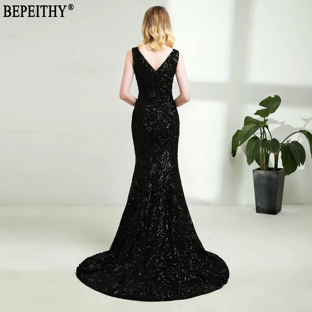 BEPEITHY vestido de festa сексуальное Новое Дизайнерское черное платье с v-образным вырезом и блестками для выпускного вечера длинное вечернее платье русалки