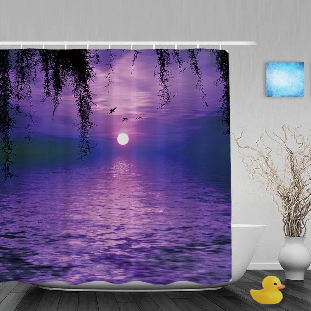 Beautiful Landscape Shower Curtain Sunset Clouds Lake Bathroom Curtains