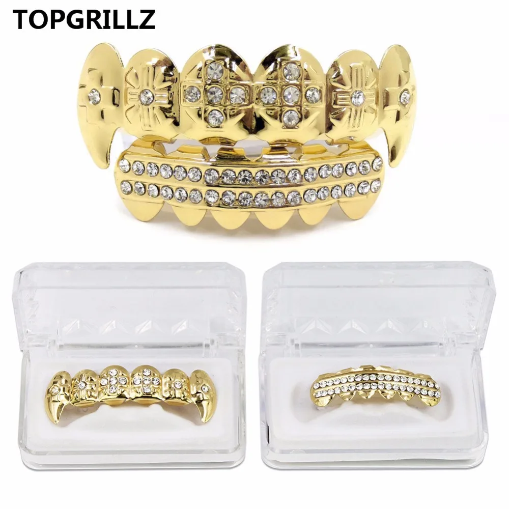 

Real Rose Gold Color Plated ICED OUT CZ Teeth GRILLZ Cross Top& Bottom Tooth Caps Hip Hop Bling Golden Grills For Christmas Gift