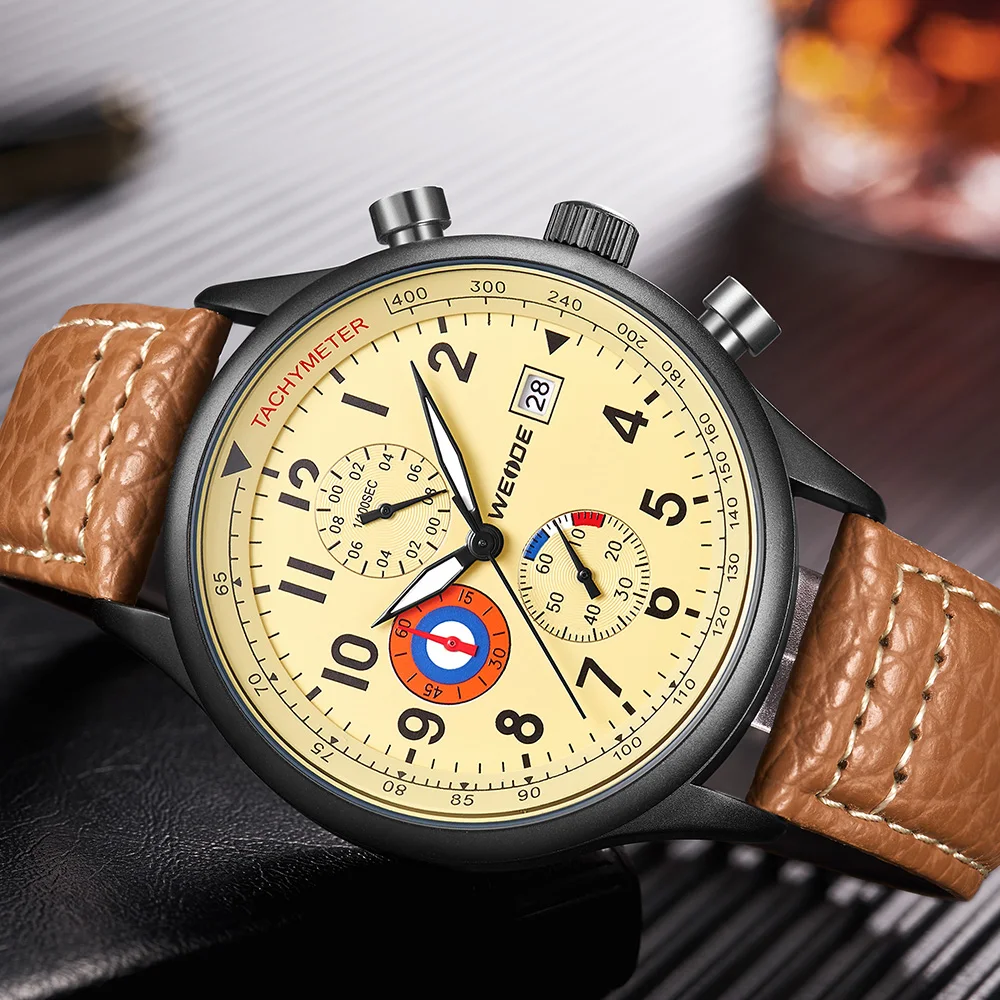 

WEIDE Mens Watches Relogio Masculino Casual Quarzt Analog Display Genuine Leather Strap Wristwatches Big Dial Clock Hour