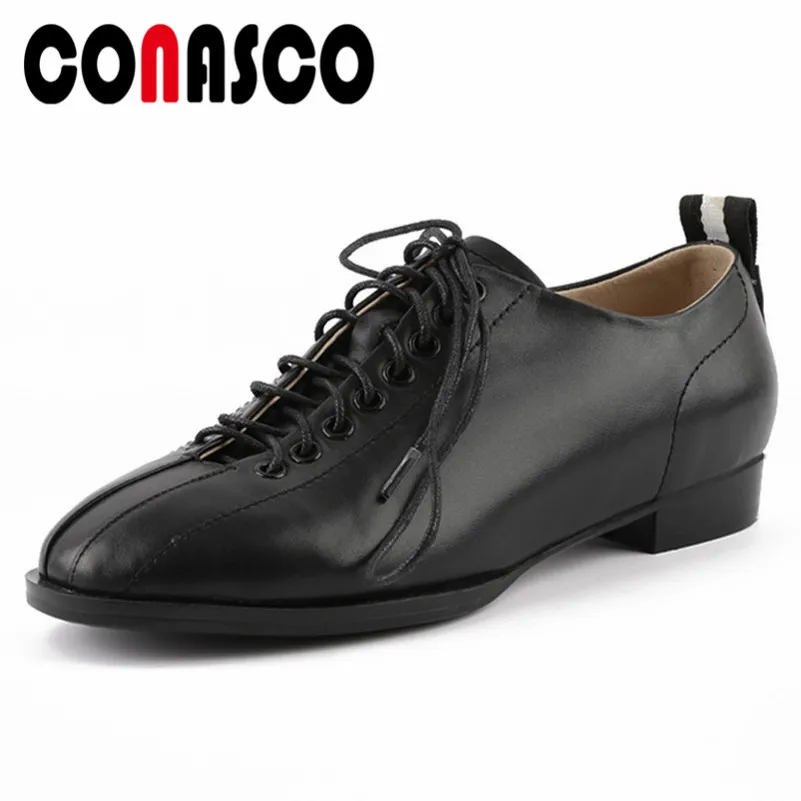 Con Básicos Cómodos blanco Mujer Suave Calidad Planos Alta Conasco De Zapatos Casuales Cordones Redonda Genuino Negro Mujer Para Cuero Punta Atados XZWfTRU