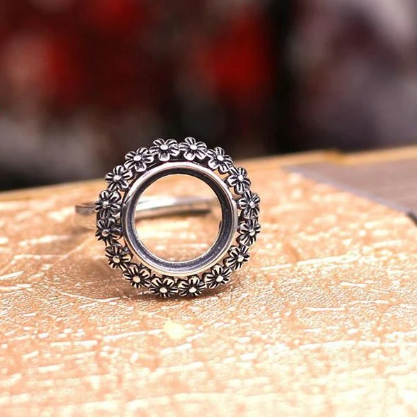 

20pcs/lot Art Nouveau 11MM Round Cabochon Semi Mount Ring Flower 925 Sterling Silver Retro Fine Jewelry Setting Adjustable