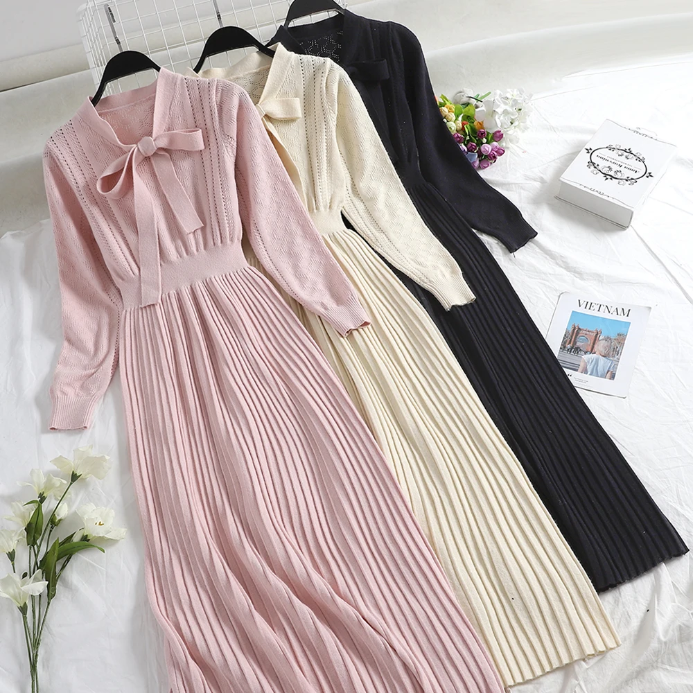 

2018 Autumn and Winter New women Sweet Butterfly Tie Pleated Knitted Dress female solid color slim elegant sweater dresses
