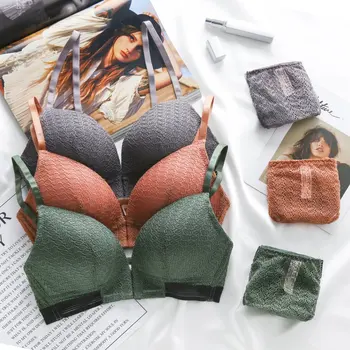 

Liva Girl Sexy Front Closure Push Up Bras Lace Hollow Seamless Panties Lingerie Underwear Set