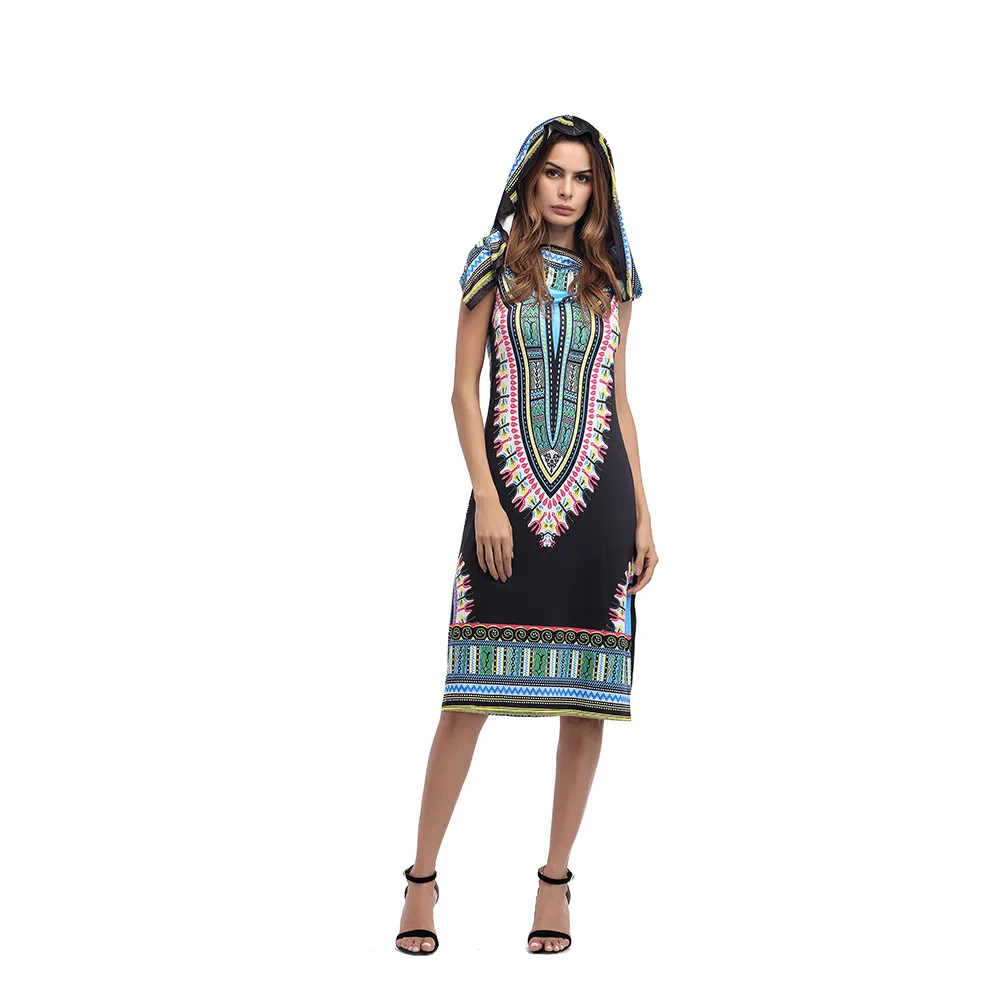 2018 Women Dress Suits Printed Geometric Hooded sleeveless summer printing hooded skirt female fashion national style Dress