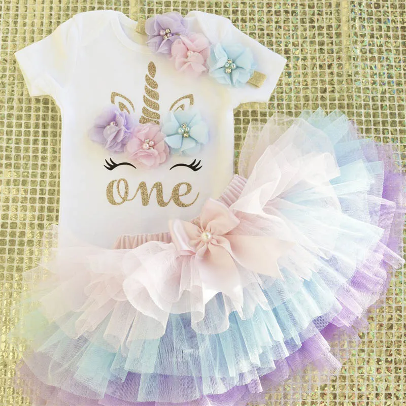 Платье для маленьких девочек; одежда для дня рождения с единорогом; платье с блестками и надписью для 1 года; бальное платье для девочек; комплект одежды для крещения для маленьких девочек - Цвет: Item1
