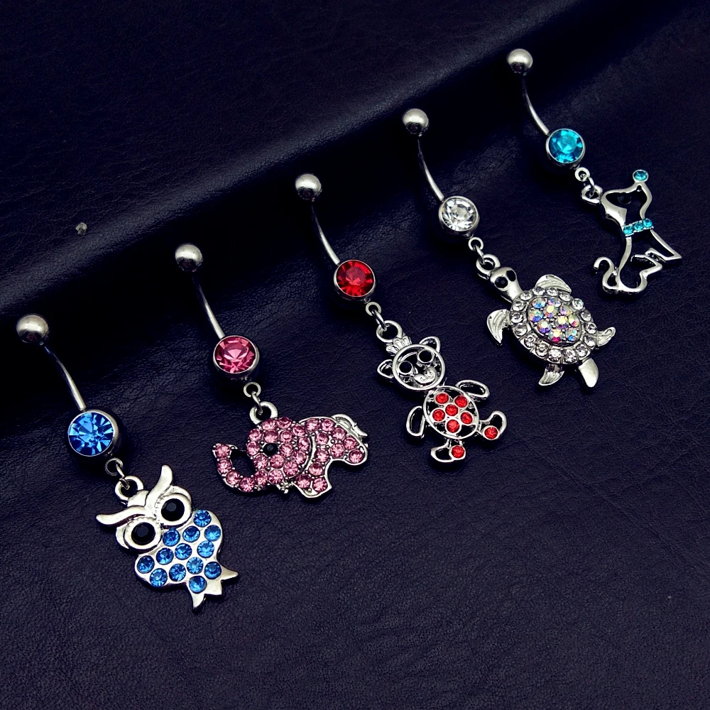 5pcs Mix Style Anmail Owl Bear Dog Tortoise Elephant Dangle Navel Belly