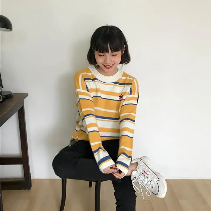 Женские свитера японский Kawaii Ulzzang полосатый мультяшный вышитый торт свитер женский корейский Harajuku одежда для женщин - Цвет: Цвет: желтый