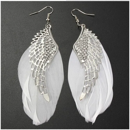 

2015 New Design Silver Earrings Fashion Angel Wing Feather Dangle Earring Women Chandelier Drop Long Earrings