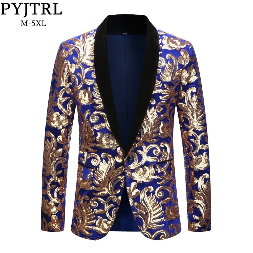 

PYJTRL Mens Plus Size 5XL Fashion Shawl Lapel Floral Sequins Royal Blue Velvet Slim Fit Blazer Stage Singer Wedding Suit Jacket