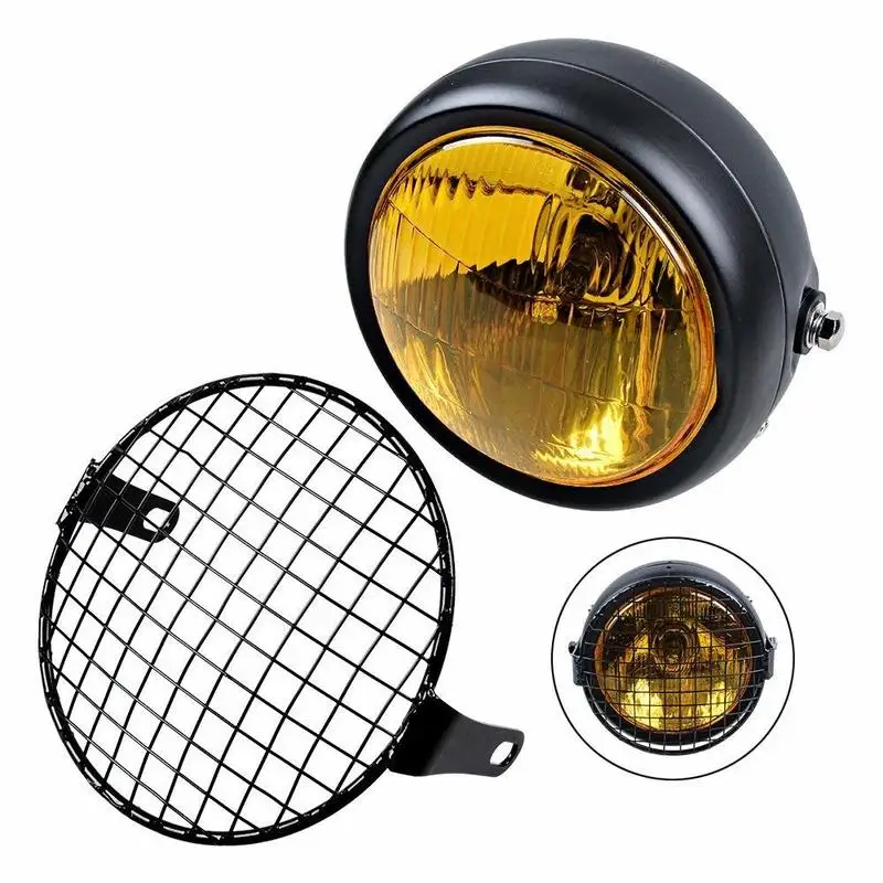 

Mansuo Universal Motorcycle 6 1/2" Amber Headlight + Headlamp Cover Mesh Grill Cafe Racer Bobber