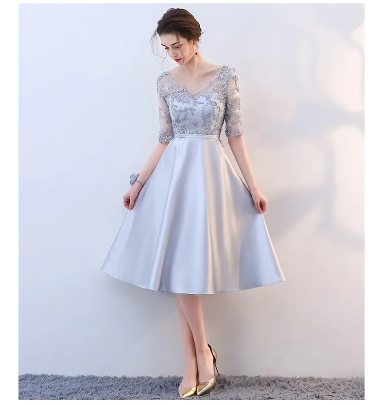 Robe De Soriee Новое серое платье подружки невесты длиной до колен атласное кружевное ТРАПЕЦИЕВИДНОЕ простое Дешевое выпускное платье для свадебной вечеринки Vestidos Dama