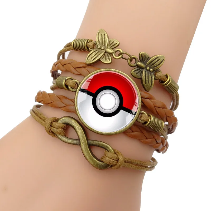 

Pokemon Jewelry with Bronze Plated Pokemon Ball Multilayer Infinity Love Charm Leather Bracelet Bangle for Women Men Gift