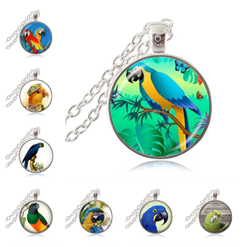 

Parrot Necklace Golden Macaw Pendant Bird Jewelry Glass Cabochon Sweater Chain Necklace Handmade Jewellery for Animal Lover