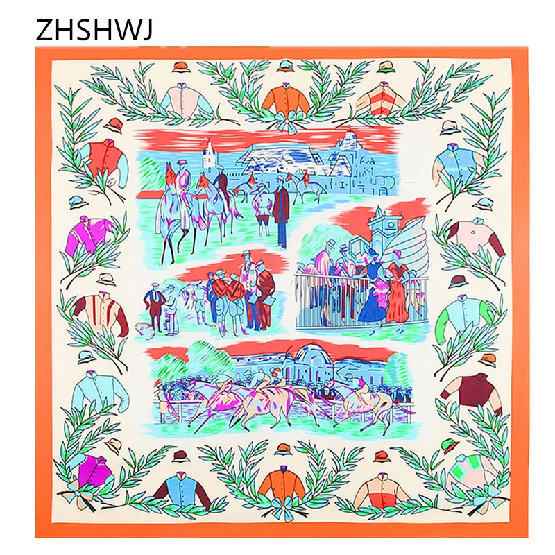 [Zhshwj] شحن مجاني 130 سنتيمتر * 130 سنتيمتر حك الحرير وشاح سباق الخيل شال وشاح باندانا وشاح المرأة الكبيرة الفاخرة الملكي وشاح