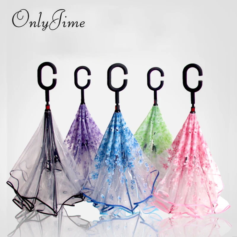 

Only Jime Transparent Reverse Umbrella Double Layer Cherry Blossom Lady Inverted Umbrella Rain Women C-Hook Windproof Folding