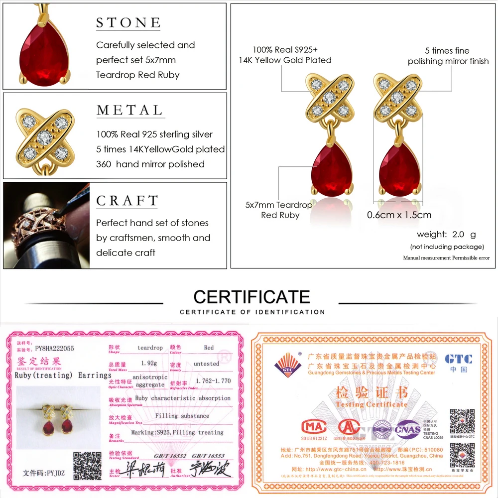 LAMOON Teardrop 5x7mm 2ct 100% Red Ruby 925 sterling-silver-jewelry Stud Earring S925 LMEI050