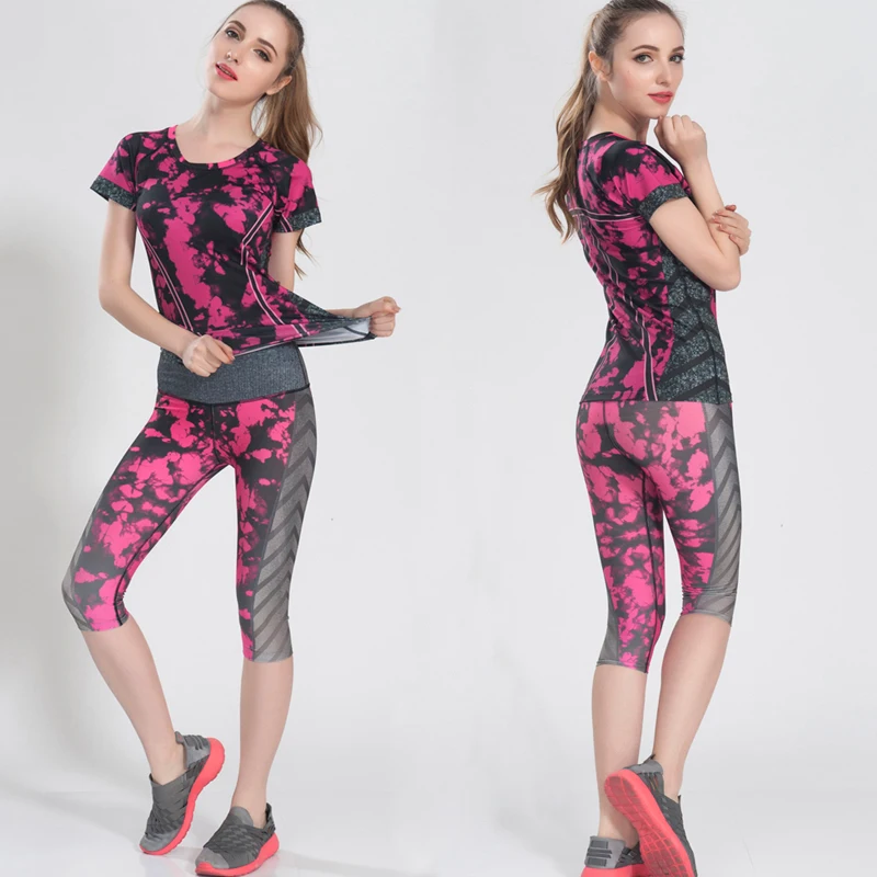 

professional Sports clothes women Yoga Suits T Short-sleeved&Pants sets lady's Elastic running Fitness Sportswear