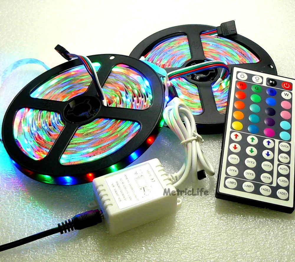 

10M 3528 SMD RGB 600LEDs 2x 5M LED Light Strip Lamp 44 Key IR Remote System