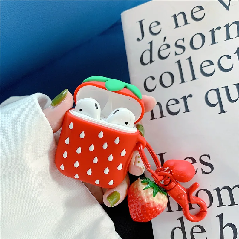 

3D cute Personality Strawberry case for Airpods 2 Earphone accessories ornament Silicone soft Protective Cover Bag