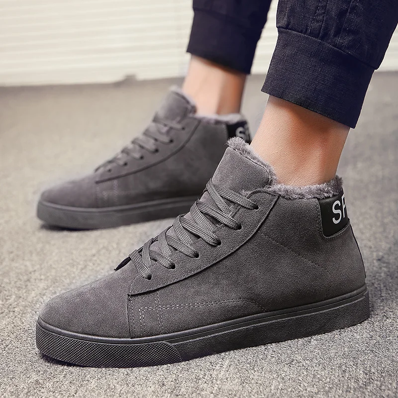 

Breathable High Top Casual Cotton Shoes Mens Boots Winter 2018 Lace up Faux Suede Ankle Snow Boots Plush Fur Boot Male