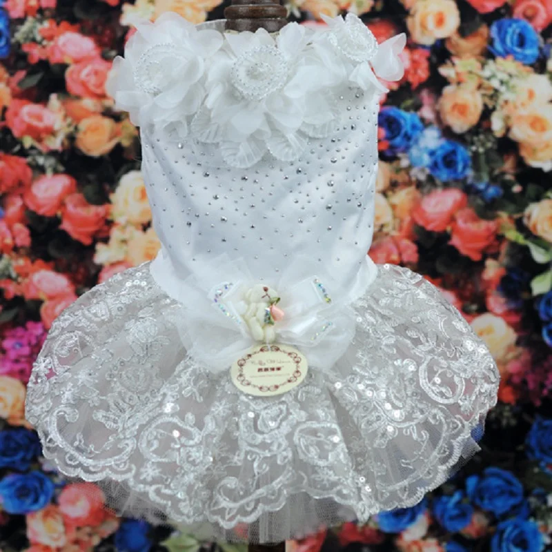 

Fashion Pet Dog Dress Costume Cute For Small Dog Cloth white Skirt white Dress Vest Apparel with Sequid and Bead sewed by hand