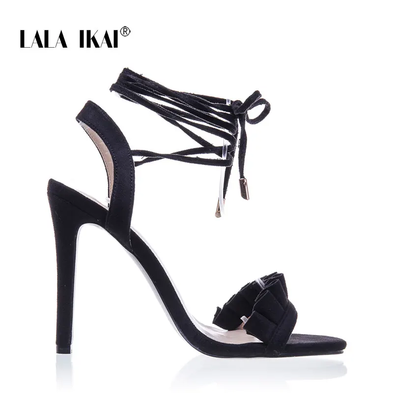 Black LALA IKAI/босоножки на высоком каблуке с оборками; женские босоножки с перекрестными ремешками; женская летняя обувь; женские босоножки на высоком каблуке; 014C1100-4 - Цвет: Black