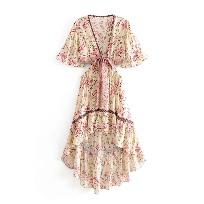 

QZ832 Sexy Backless Bowknot V Neck Irregular Length Vacation Dress Women Boho Chic Hot Vestidos