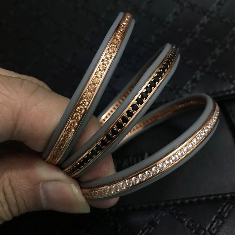 

Famous Brand Jewelry men's Rose Gold Bangles PVC leather Watch Protecting Riviere Bangles Micro Pave Brown CZ Bracelet Bangles