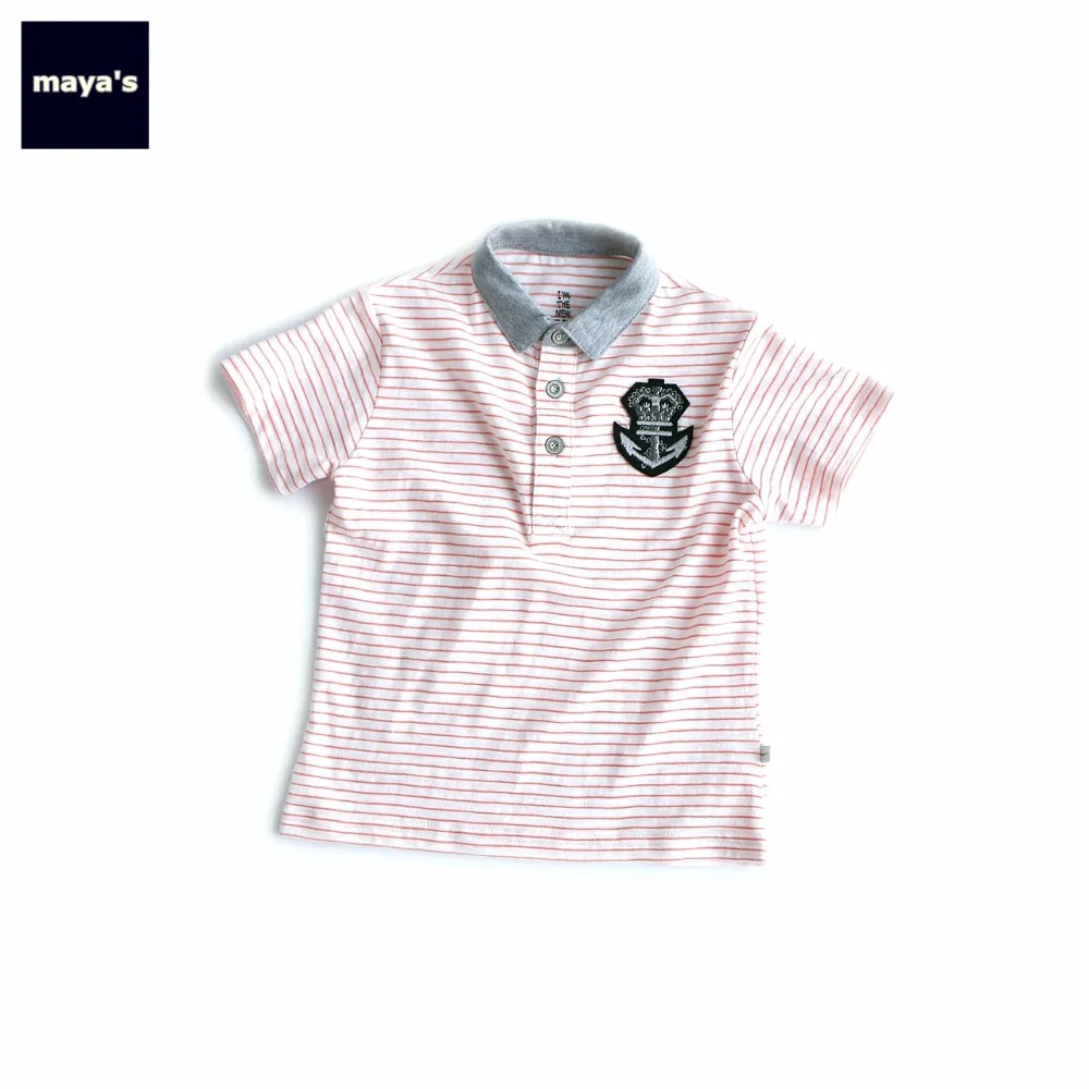 

Mayas Striped Medal Applique Summer Boys Shirts Children New Orange Short Sleeveless Breathable Spring Basic Shirts 76014