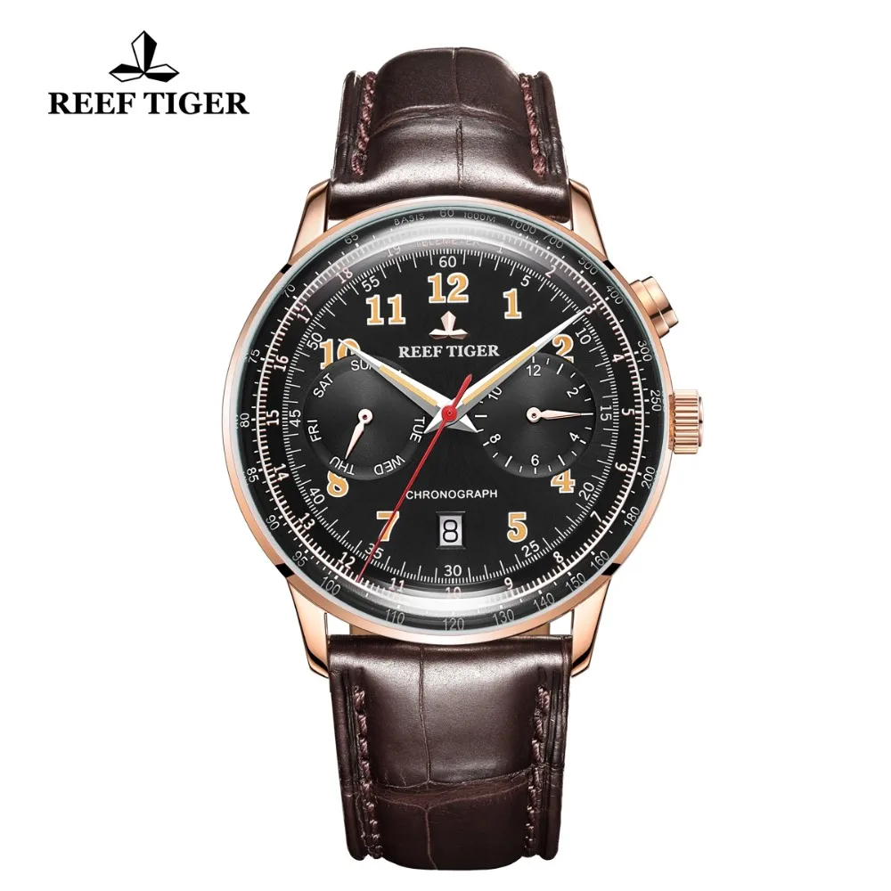 Мужские классические часы Reef Tiger/RT многофункциональные из розового золота с кристаллом Sapphire автоматические