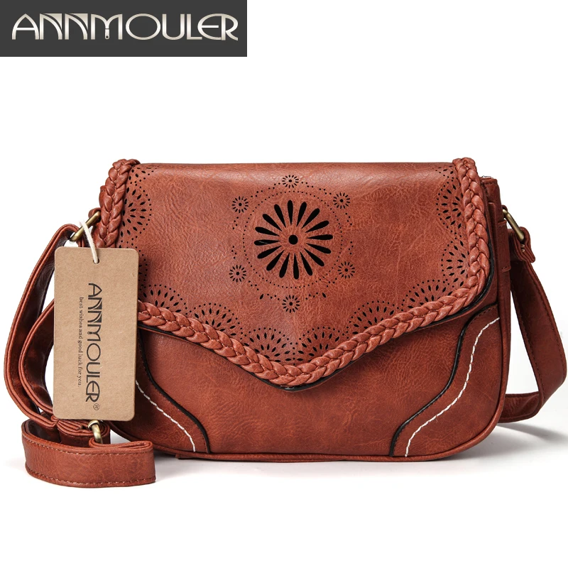 Annmouler العلامة التجارية النساء حقيبة كتف خمر بو الجلود حقيبة كروسبودي الجوف خارج السيدات حقيبة ساتشيل براون ريترو حقيبة يد للبنات