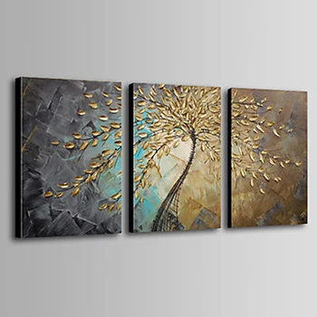 

3 pcs Hand painted thick paint pallet knife Oil Painting golden leaves on canvas Modern Home Decor wall art for living room