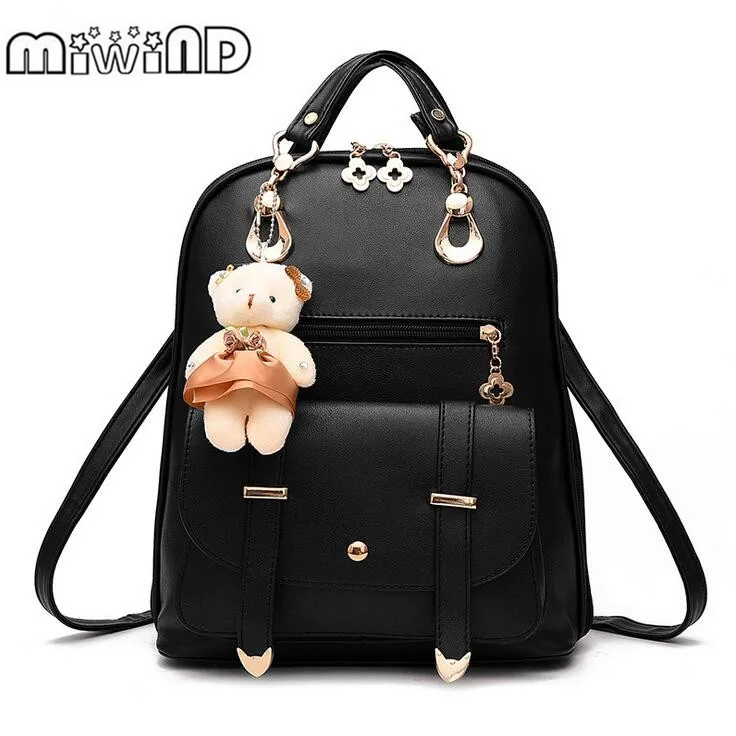 MIWIND Fashion Women PU Backpack For Girls 2016 Backpacks Black