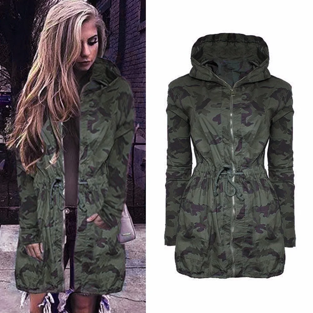 

2019 Women Camouflage Long Coat Fashion Drawstring Zipper Slim Hooded Jacket Spring Autumn Long Sleeve Hip Hop Camo Outwear
