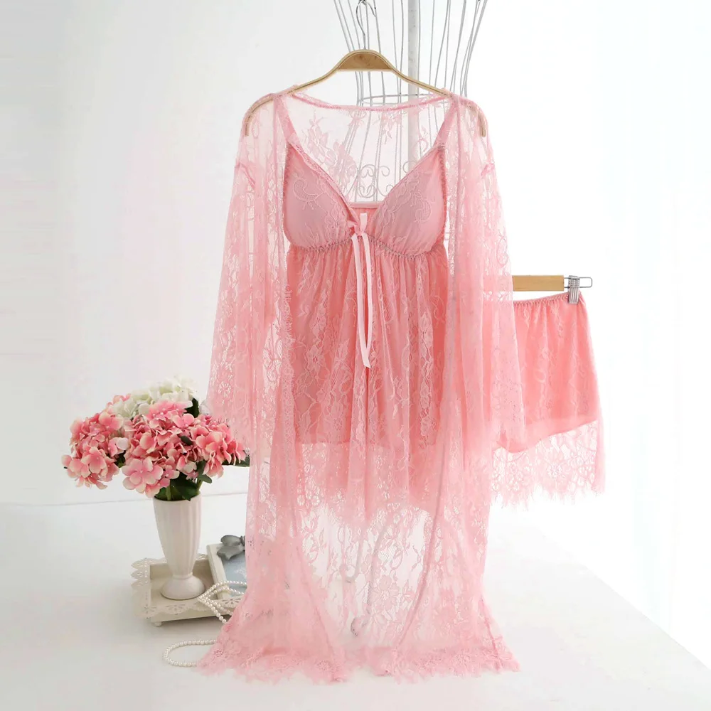 Атласное кимоно slip Набор Babydoll Sheer ночь платье пижамы женские пикантные черного золота Кружево Toursers белье Пижама