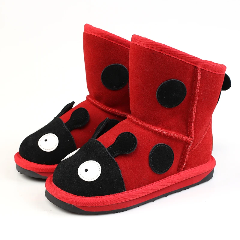 

Children Shoes Cute Leather Girl Snow Boots Red 3D Cartoon Boy Bow Boot Winter Warm Flat with Sheepskin Free Shipping