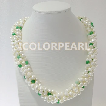 

WEICOLOR 55-60CM Five-Strand 8mm White Flat Freshwater Pearl& Green Stone Jewelry Set With A Big Nice SHell Carviing Clasp.