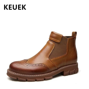 

Luxury Men boots Genuine leather Slip-On Ankle Chelsea Boots Bullock Male shoes botas hombre Motorcycle boots 02A
